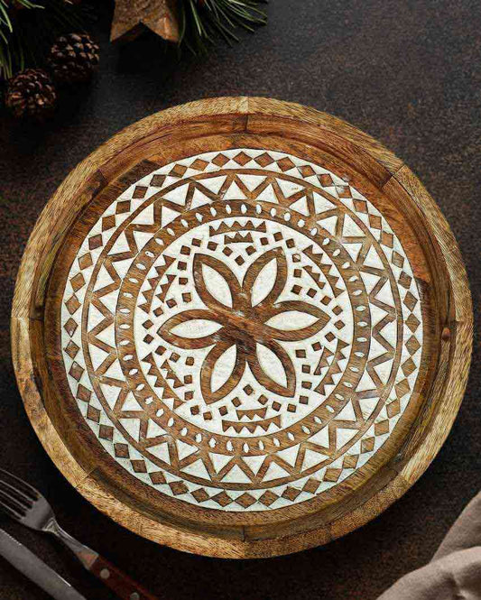Circular With White Inlay Finish Wooden Tray