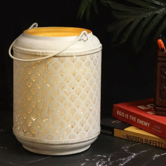 White & Golden Finish Patterns Lantern | 15.24 x 21.59 inches