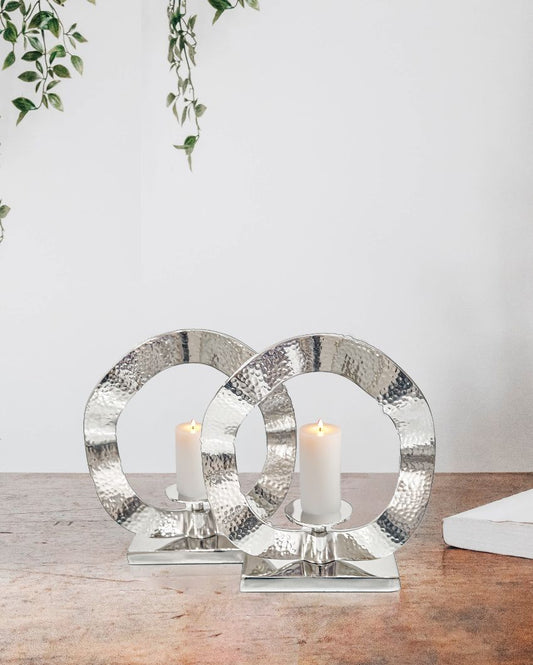 Double Ring Shape Metal Candle Stand With Hammered Finish