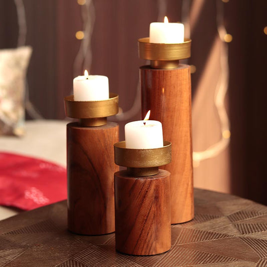 Candle Stand In Wood & Metal | Set Of 3