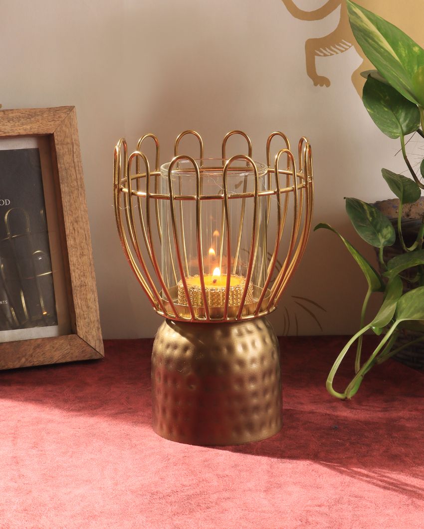 Hammered Finish Metal Glass Candle Stand | 8 x 5 inches