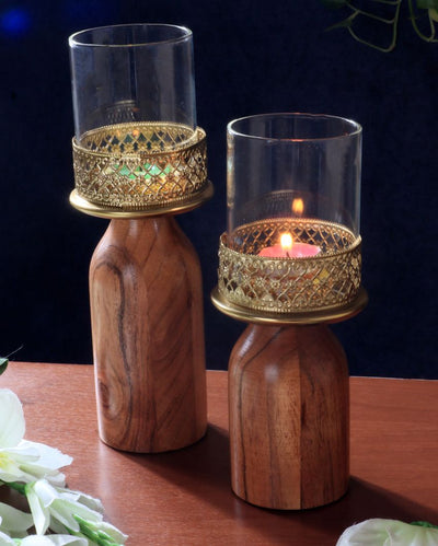 Posh Wood & Glass Candle Stand | Set of 2