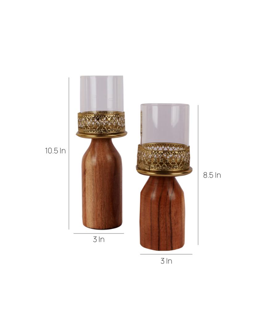 Posh Wood & Glass Candle Stand | Set of 2