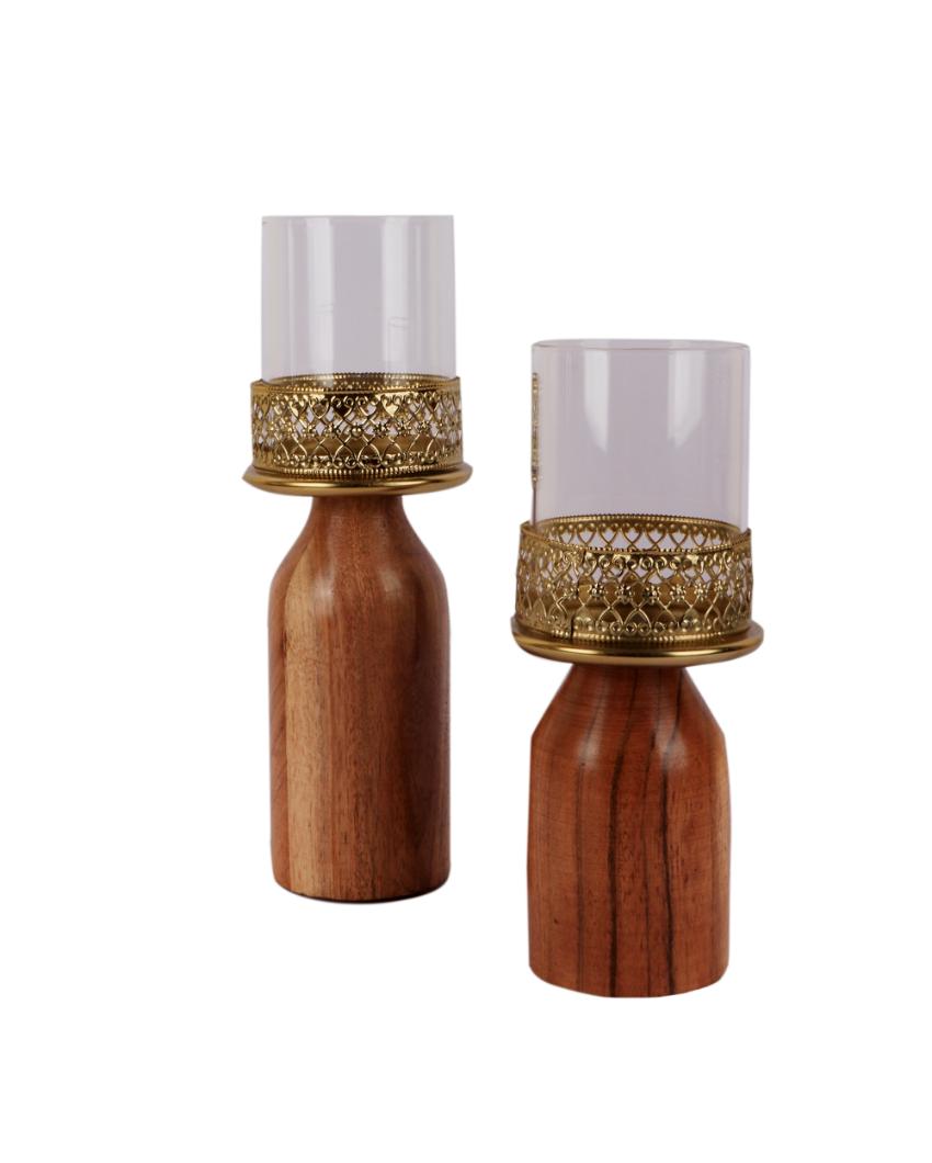 Posh Wood & Glass Candle Stand | Set of 2