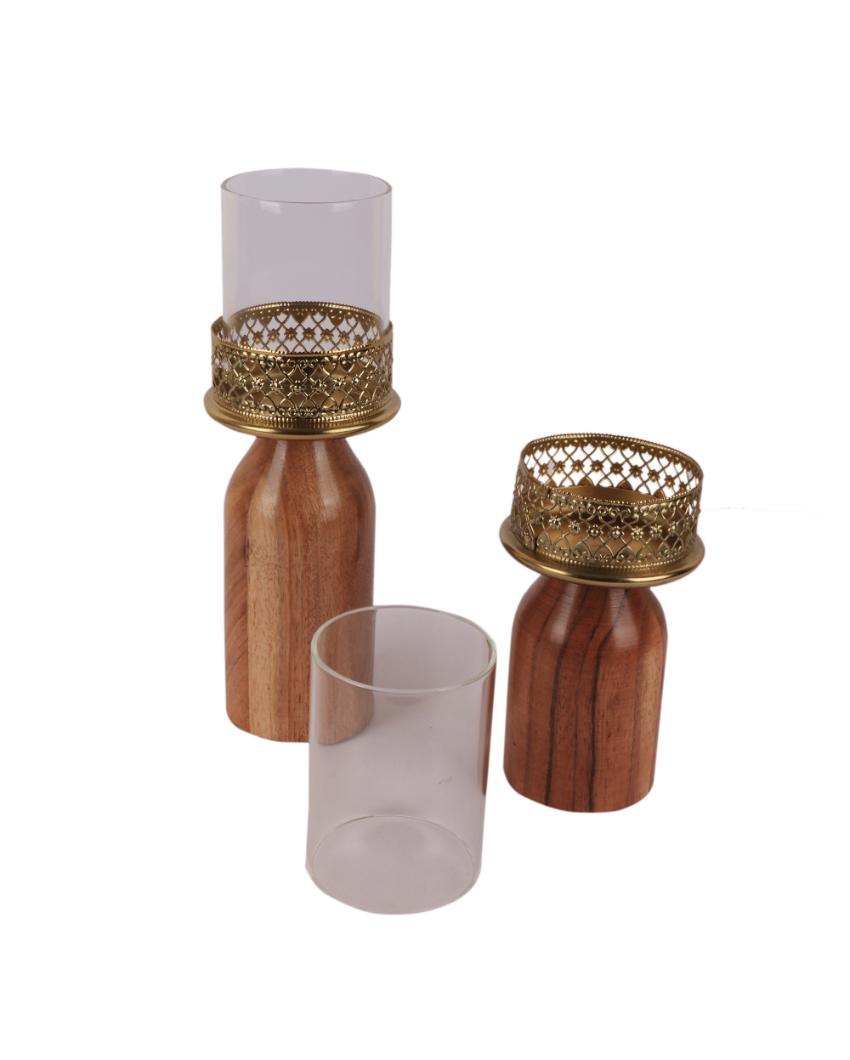 Posh Wood & Glass Candle Stand | Set of 2