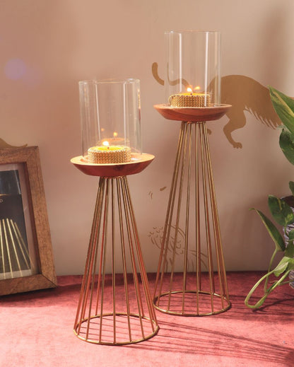 Durable Metal & Wood Candle Stand | Set Of 2