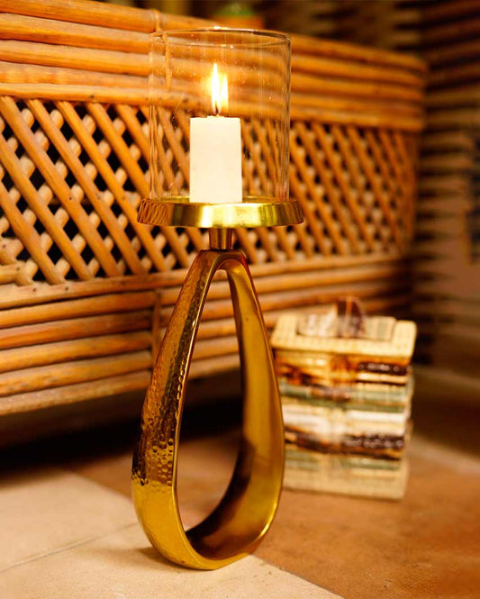 Metal Candle Stand With Golden Hammered Finish