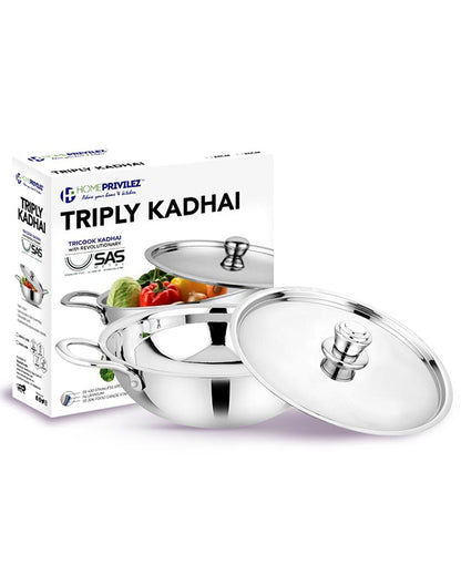 Heavy-Duty Triply Stainless Steel Kadhai with Lid