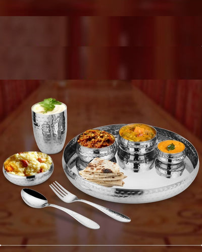 Rajwada Silver Stainless Steel Hammered Thali Dinner Set | 8 Pieces