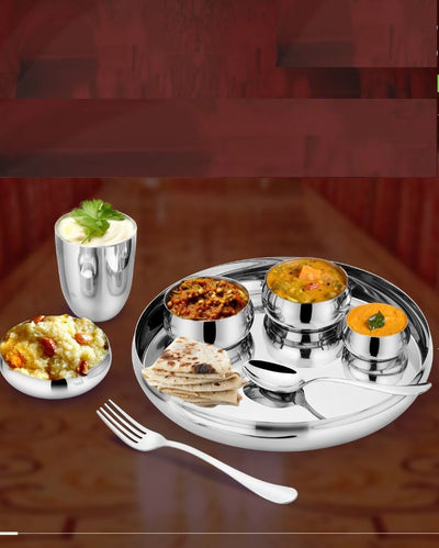 Traditional Rajwada Silver Stainless Steel Thali Dinner Set | 8 Pieces