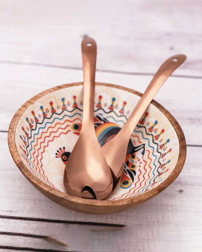 Pihu Wooden Large Bowl with Rose Gold Salad Servers | 8 x 4 inches