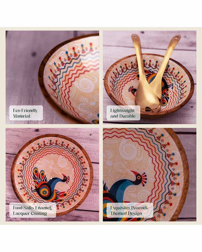 Pihu Wooden Large Bowl with Rose Gold Salad Servers | 8 x 4 inches