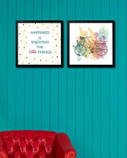 Happiness Quote with Bicycle Wall Painting | Set of 2