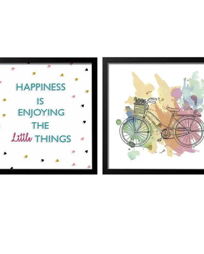 Happiness Quote with Bicycle Wall Painting | Set of 2