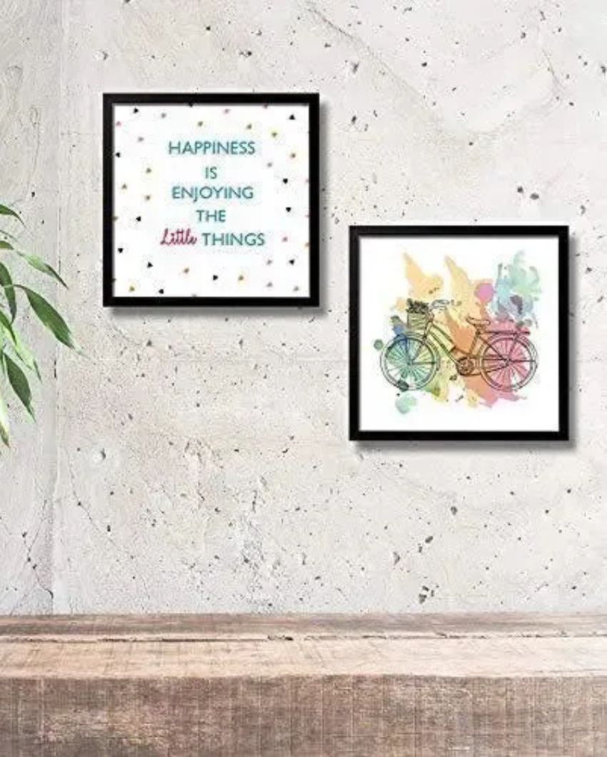 Happiness Quote with Bicycle Wall Painting | Set of 2