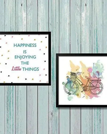 Happiness Quote with Bicycle Wall Painting | Set of 2