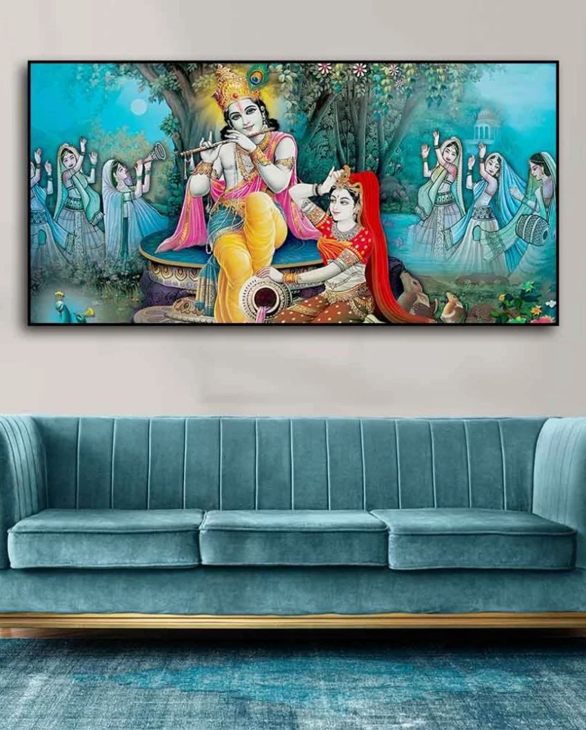 Sapphire Serenade Radha Krishna Canvas Wall Painting | 48 x 24 inches