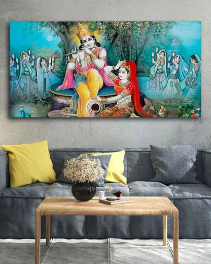 Sapphire Serenade Radha Krishna Canvas Wall Painting | 48 x 24 inches