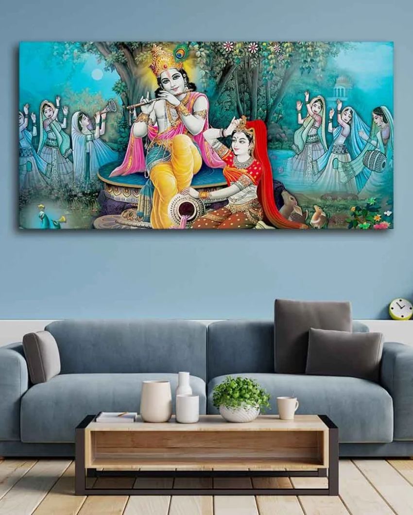 Sapphire Serenade Radha Krishna Canvas Wall Painting | 48 x 24 inches