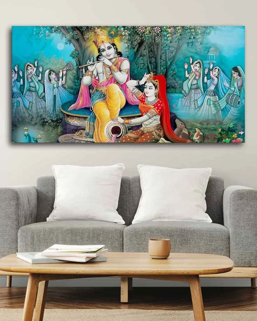 Sapphire Serenade Radha Krishna Canvas Wall Painting | 48 x 24 inches