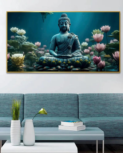 Buddha’s Tranquil Meditation Amidst Blue and Pink Lotus | 48 x 24 inches