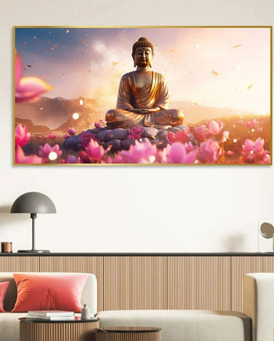 Buddha Amidst the Floral Splendor Canvas Painting | 48 x 24 inches