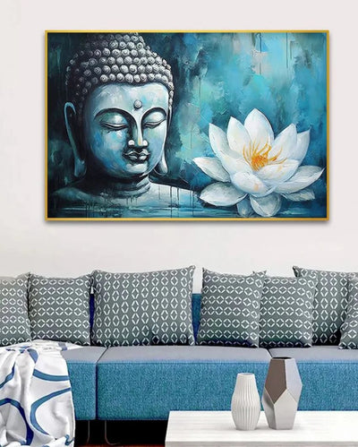 Buddha Statue Amidst the Serenity of a White Flower Canvas Painting | 36 x 24 inches