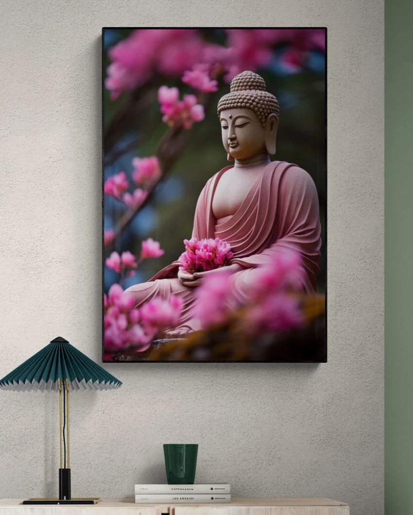 Pink Blossom Meditation Buddha Portrait Canvas painting | 48 x 24 inches