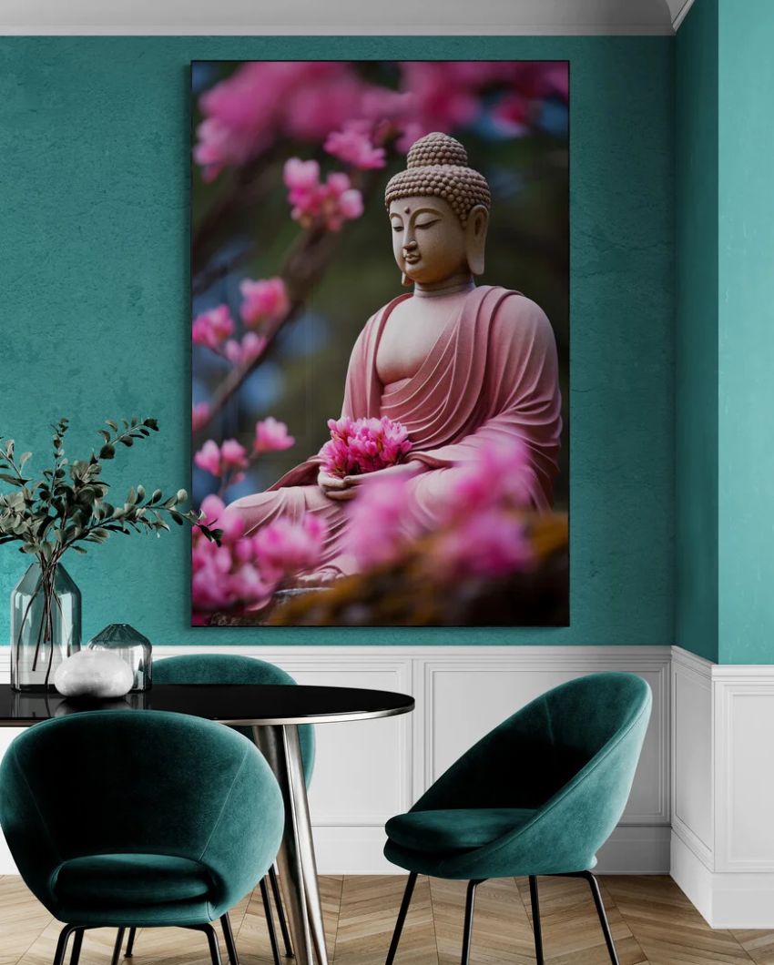 Pink Blossom Meditation Buddha Portrait Canvas painting | 48 x 24 inches