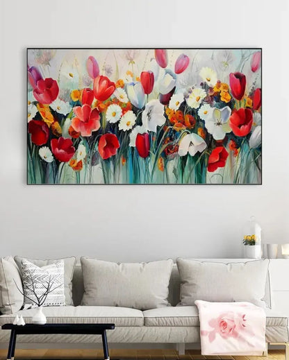 Red and White Tulips Flower Canvas Wall Painting | 48 x 24 inches