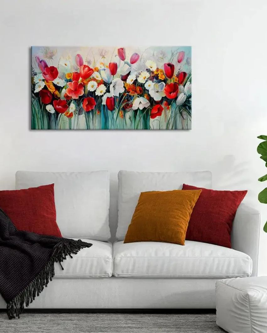 Red and White Tulips Flower Canvas Wall Painting | 48 x 24 inches