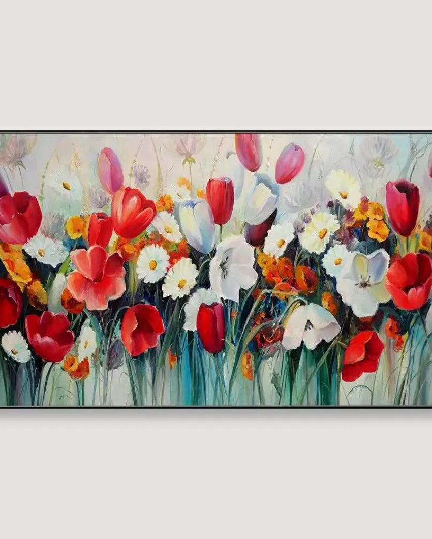 Red and White Tulips Flower Canvas Wall Painting | 48 x 24 inches