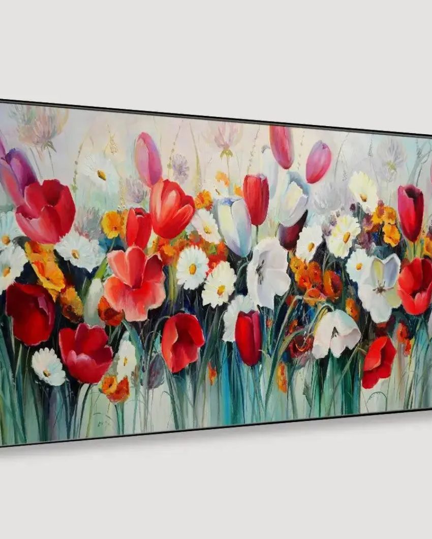 Red and White Tulips Flower Canvas Wall Painting | 48 x 24 inches