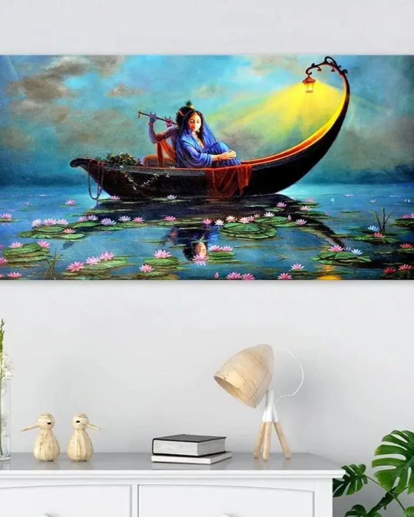 Radha Krishna on a Ferry Romantic Big Panoramic Wall Painting | 48 x 24 inches