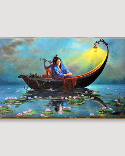 Radha Krishna on a Ferry Romantic Big Panoramic Wall Painting | 48 x 24 inches