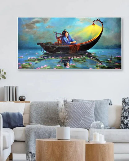 Radha Krishna on a Ferry Romantic Big Panoramic Wall Painting | 48 x 24 inches