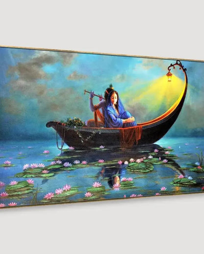 Radha Krishna on a Ferry Romantic Big Panoramic Wall Painting | 48 x 24 inches