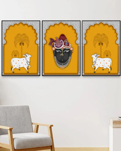 Stunning Pichwai Krishna Art Wall Painting Floating Frame | Set of 3