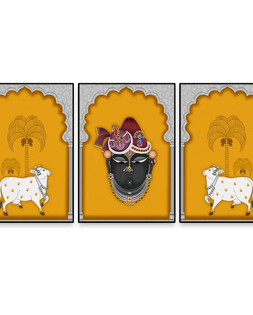 Stunning Pichwai Krishna Art Wall Painting Floating Frame | Set of 3