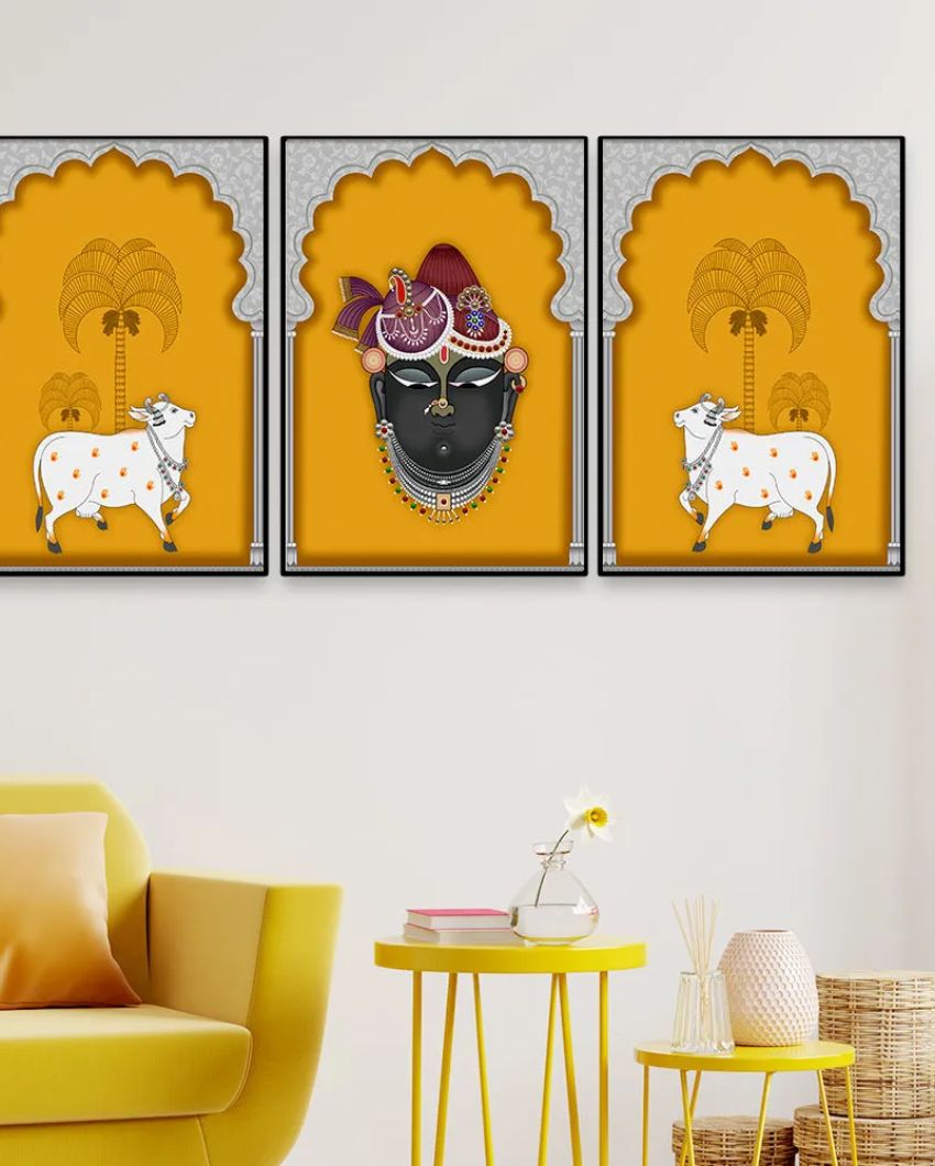 Stunning Pichwai Krishna Art Wall Painting Floating Frame | Set of 3