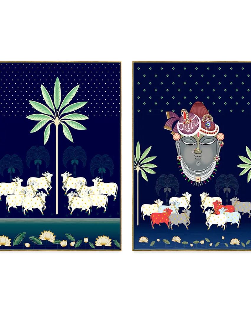 Aesthetic Pichwai Krishna Art Wall Frame | Set of 2