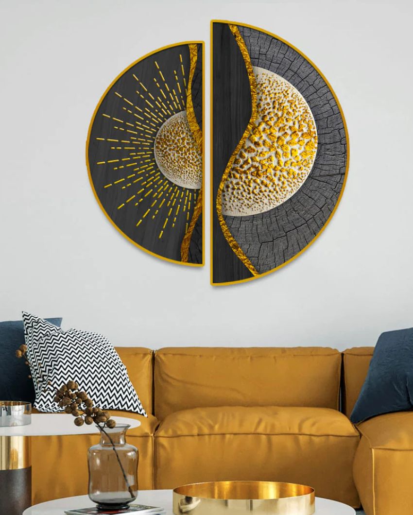 Golden Abstract Semi-Circle Canvas Painting stretched on wood | Set of 2