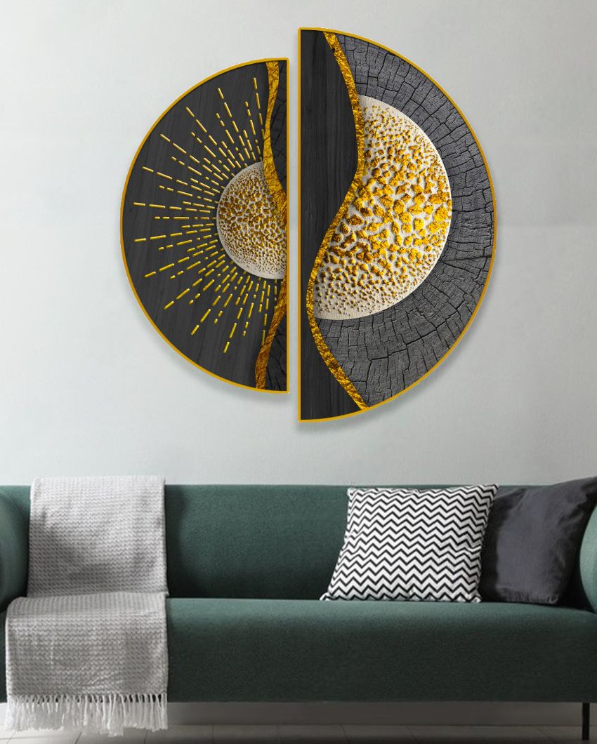 Golden Abstract Semi-Circle Canvas Painting stretched on wood | Set of 2