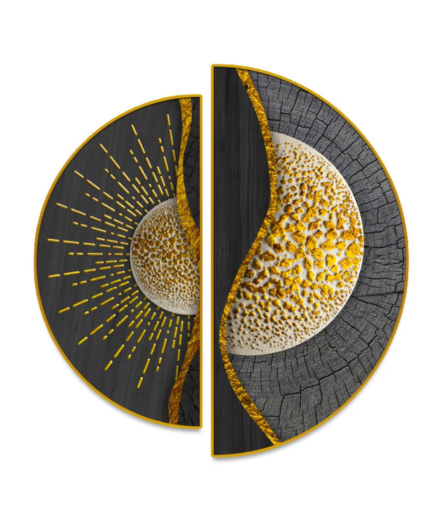 Golden Abstract Semi-Circle Canvas Painting stretched on wood | Set of 2