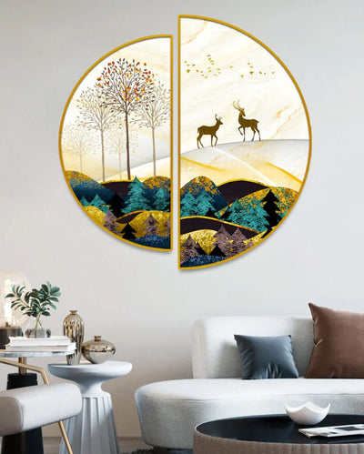 Deer in the Mountains Semi-Circle Canvas Painting stretched on wood | Set of 2