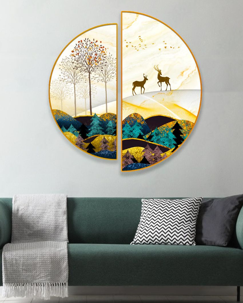 Deer in the Mountains Semi-Circle Canvas Painting stretched on wood | Set of 2