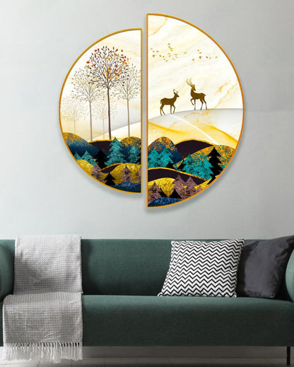 Deer in the Mountains Semi-Circle Canvas Painting stretched on wood | Set of 2