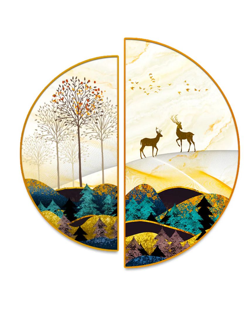 Deer in the Mountains Semi-Circle Canvas Painting stretched on wood | Set of 2