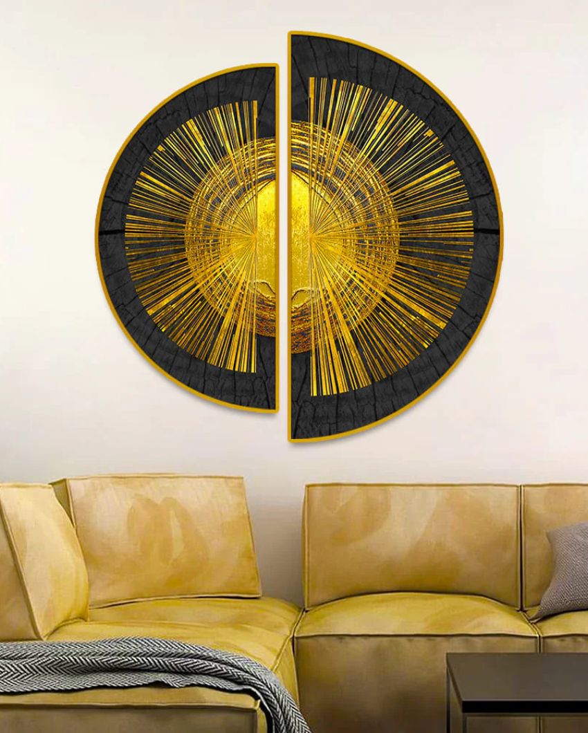 Semi-Circle Golden Abstract Canvas Painting stretched on wood | Set of 2