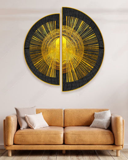 Semi-Circle Golden Abstract Canvas Painting stretched on wood | Set of 2